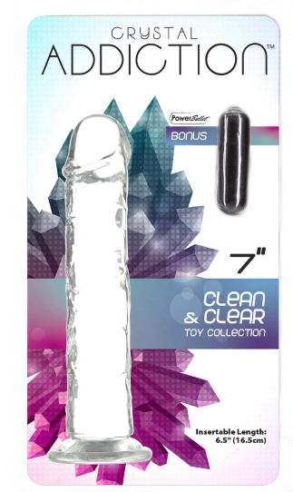 Addiction Crystal 7″ Vertical Dong Clear Tpe With Bonus Bullet