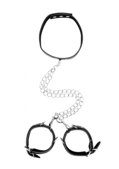 OU670BLK-Bonded Leather Collar With Hand Cuffs – With Adjustable Straps and chain1