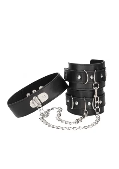 OU670BLK-Bonded Leather Collar With Hand Cuffs – With Adjustable Straps and chain2